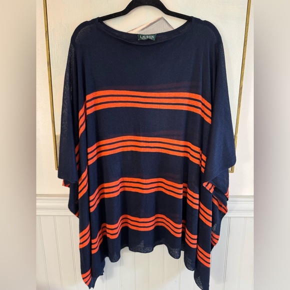 Lauren Ralph Lauren Sweaters - RALPH LAUREN Vintage Cape Poncho Knit Womens Linen Cotton Stripe Red Blue M